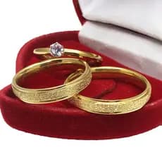 Par de Alianças Fina 4mm Noivado Casamento Jateada + Anel Solitario