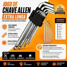 Kit Jogo 9 Chaves Allen Hexagonal L EXTRA Longa 1,5 a 10mm Aço Cromo Vanádio + Suporte PROFISSIONAL