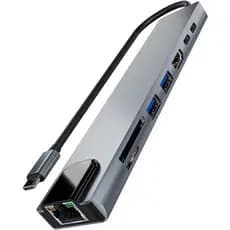 Adaptador Hub 8 em 1 HDMI 4K PD Tipo C 100 W porta USB 3.0 Ethernet RJ45 leitor de cartão SD/TF