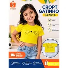Blusa cropped infantil verão modinha gatinho