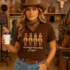 Blusinha Estampada Cavalos Country  Look Estiloso Cowgirl Camiseta Feminina em Algodão