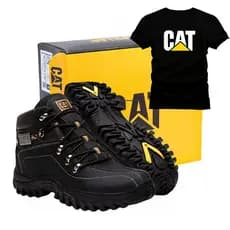 Bota Masculina CAT de Trilha e Trabalho com Chaveiro Kit Coturno CAT e Camiseta CAT