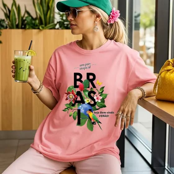T-Shirt Feminina Brasil Core Tropical Estampa Floral Verão Camiseta 100% Algodão 30.1 Plus Size