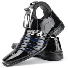 Sapato social masculino estilo italiano preto com azul + cinto social preto
