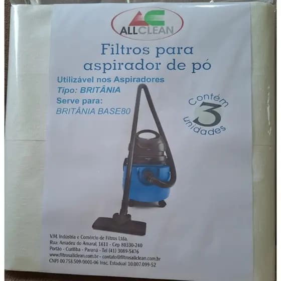 03 Sacos ALLCLEN para aspirador de pó compatível para modelo Britânia Base 80