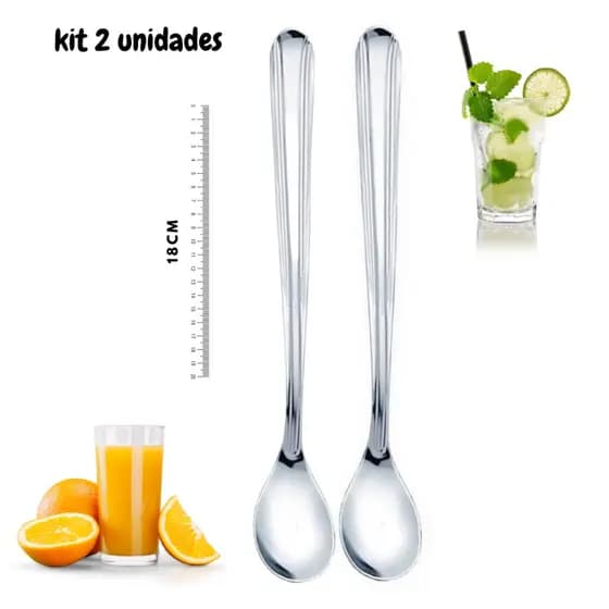 Kit 2 Colheres Alongada P/ Suco Vitamina Caipirinha Milk Shake