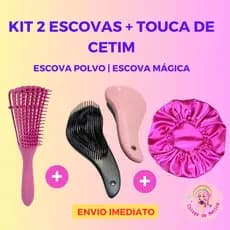 Kit Escova de Cabelo | Escova Polvo + Escova Mágica + Touca de Cetim - Todos os Cabelos/ Cacheados - Desembaraça Fácil