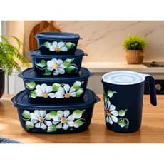 CONJUNTO 4 POTES OVAL COM JARRA DECORADOS
