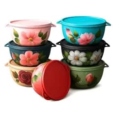 5 potes Bowl decorados com tampa - hermeticos 1 litro