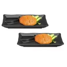 Kit Com 2 Pratos Temaki Sushi Sashimi Com Molheira Preto Melamina lyor