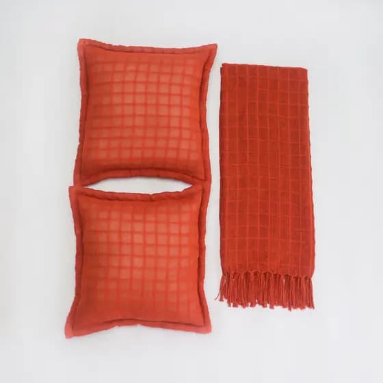 Kit Manta 1,80x1,20  Para Sofá E Cama Terracota C/ Franjas + 2 Capas De Almofadas Luxo 100% Algodão