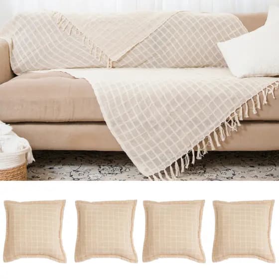 Kit 2 Mantas Para Sofá Cru Luxo Com Franjas + 4 Capas De Almofadas Cru Em Tear Xale Decoração Casa