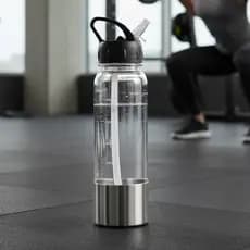 Garrafa Squeeze Plástico 750ml Fundo Inox Tampa Rosqueavel Bico Retratil Canudo e Medidor