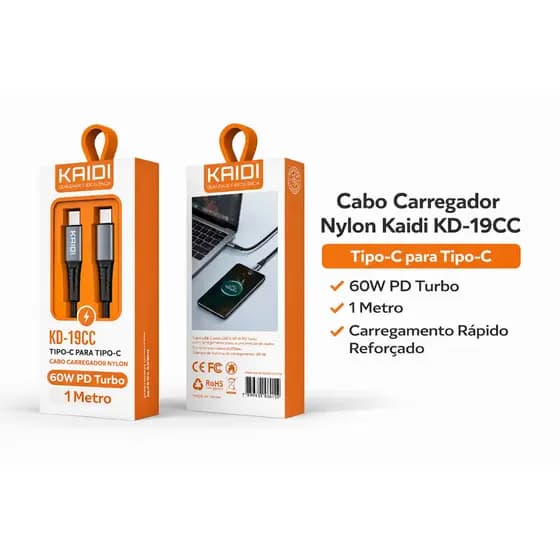 Cabo Carregador Nylon Kaidi KD-19CC Tipo-C para Tipo-C 60W PD Turbo 1 Metro
