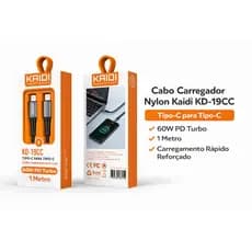 Cabo Carregador Nylon Kaidi KD-19CC Tipo-C para Tipo-C 60W PD Turbo 1 Metro