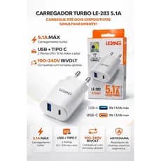 Fonte Carregador Lelong 5.1A Turbo 2 Saídas USB e Type-C LE-283