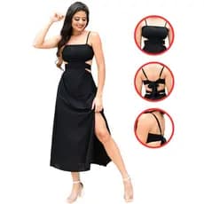 Vestido Midi Alças Ajustável Com Bojo Fenda na Perna Tendência