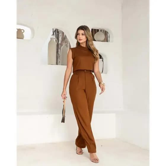 Conjunto Moderno Calça Forrada  Zíper e Botão Blusa com Gola