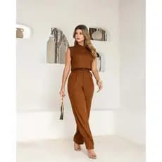 Conjunto Moderno Calça Forrada  Zíper e Botão Blusa com Gola