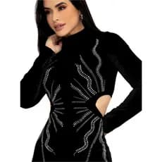 Vestido Veludo Pedraria Curto Manga Longa Feminino Detalhes em Strass Vestido Bia