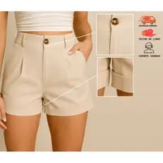 Short Feminino Linho Social Cintura Alta Com Botão e Zíper Detalhe Na Barra Caimento Perfeito