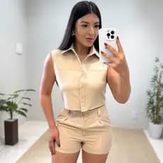 Conjunto Alfaiataria Cropped Social e Shorts  Cintura Alta Look Elegante e Casual