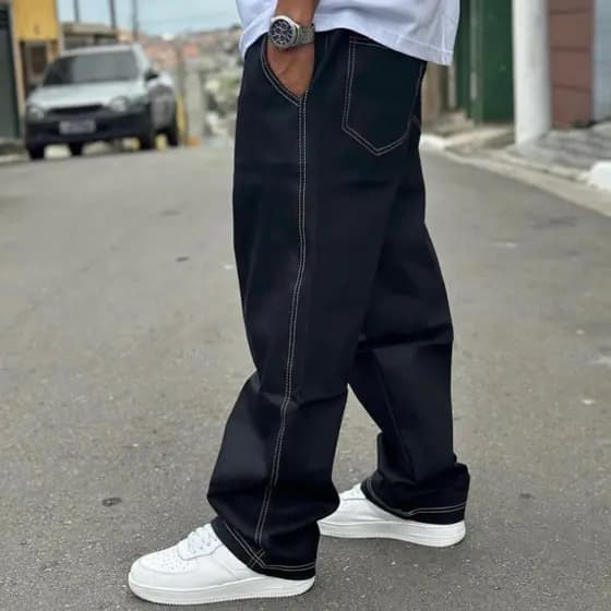 Calça Jeans Preta Balão dazzling  baggy  Y2K boca Larga reta folgada Cargo