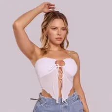 Cropped Feminino Top Tomara Que Caia Tule Amarração Frontal Moda Gringa Assimétrico  Preto Branco