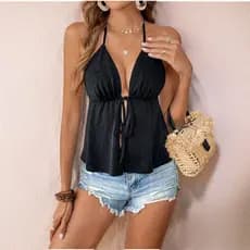 Blusa Feminina Alcinha  Regata Estilosa Moda Boho Chic Amarração Na Frente Bata Cortininha Tecido Lese Premium TOP 1
