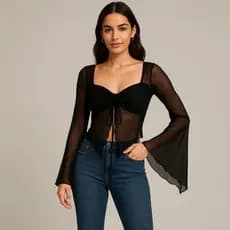 Blusa Feminina Tule Manga longa Estilo Flare  Preta Marrom Transparente Estilo Boho Chic
