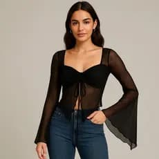 Blusa Tule Feminina  Manga longa Estilo Flare Preta Marrom Transparente Estilo Boho Chic