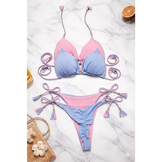 Conjunto Biquíni Feminino Levanta Bumbum Calcinha Dupla face Fio Cortininha com Bojo Trançado Envio Ultra Rápido em 6h