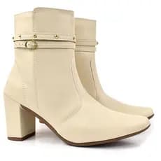 Bota Feminina Bico Fino Salto Alto Bloco Fashion Detalhe Fivela Brilho Confortável Original Olzzy