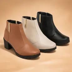 Bota Feminina Olzzy Salto Médio Coturno Cano Curto Detalhe Lateral Metal Confortável Moda Atual