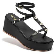 Sandália Feminina Plataforma Anabela Tiras Delicada e Detalhes Metalizado Leve Original Olzzy