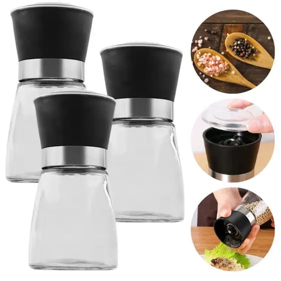 Kit 3 Moedor De Pimenta Sal Tempero 180 mL Com Regulador de Moagem Especiarias Condimento Vidro