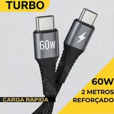 Cabo USB Tipo-C x Tipo-C 60W Turbo 2 Metros Reforçado – Rápido, Durável, Compatível com Tudo