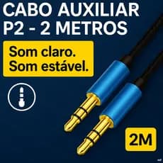 Cabo Auxiliar P2 x P2 3.5mm Estéreo 2m Reforçado Para Celular Carro Som Fone PC Notebook