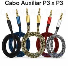 Cabo Auxiliar P3 x P3 3.5mm Estéreo 1,5m Nylon Reforçado Para Celular Carro Som Fone PC Notebook