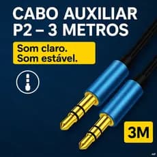 Cabo Auxiliar P2 x P2 3.5mm Estéreo 3m Reforçado Para Celular Carro Som Fone PC Notebook