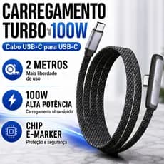 Cabo Tipo C 2m Turbo 100W 90 Graus Reforçado Carga Rápida e Dados para Notebook Tablet Smartphone