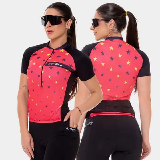 Camisa de Ciclismo Feminina Camiseta Rosa Manga Curta Roupa Bike Pedal Mtb