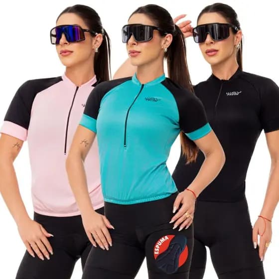 Conjunto Ciclismo Feminino Short com Forro e Camisa Refrescante Bermuda Uv50 Mtb