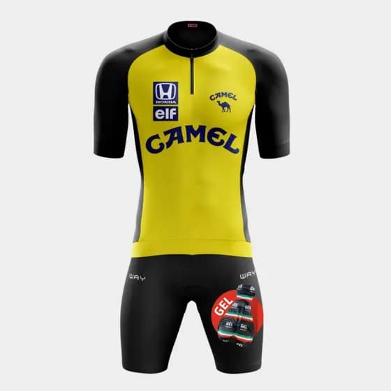 Conjunto de Ciclismo Masculino Camisa Camel Bermuda Gel Equipe