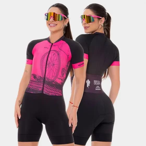Macaquinho Ciclismo Feminino Macacão Manga Curta Forro Espuma Bike Roda Rosa Roupa Slim Pedal Mtb