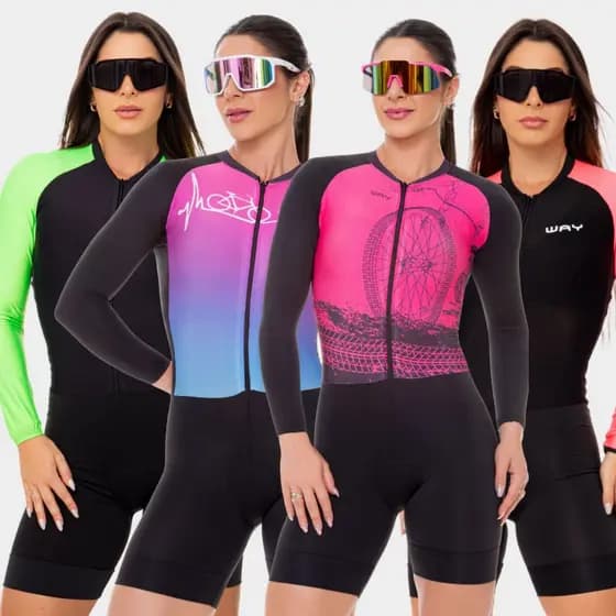 Macaquinho de Ciclismo Feminino Macacão Forro Espuma Acolchoado Manga Longa Roupa Bike Pedal Mtb