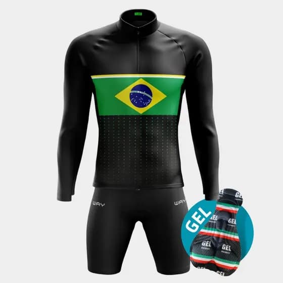 Conjunto Ciclismo de Inverno Masculino Camisa Brasil Points e Bermuda Gel