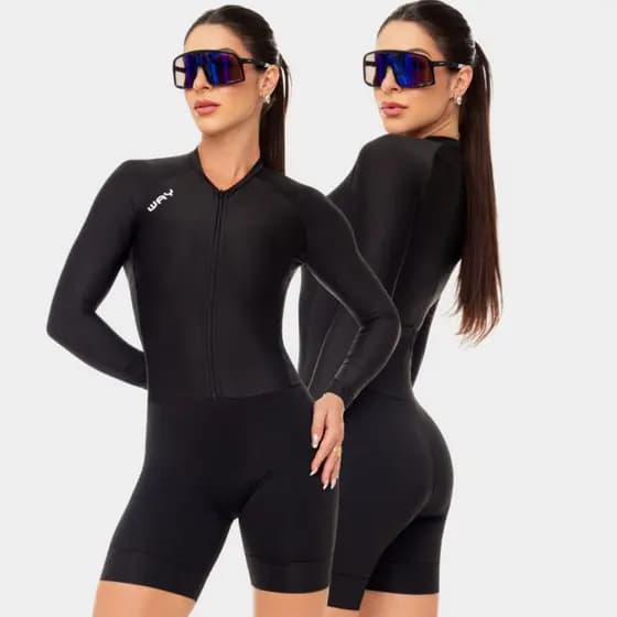 Macaquinho Ciclismo Feminino Macacão Manga Longa Forro Gel Way Fresh Preto Roupa Bike Pedal Mtb