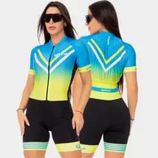 Macaquinho Macacão Ciclismo Feminino Gel Proteção UV Manga Curta Almofadado Roupa Bike Pedal Mtb