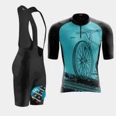 Conjunto de Ciclismo Masculino Camisa Bike Roda Azul e Bretelle de Gel Way Bike